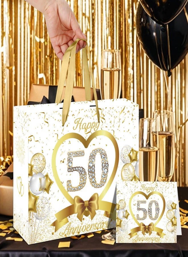 GOLDCROW White Gold 50th Wedding Anniversary Paper Gift Bag Large Happy 50th Anniversary Party Gift Wrapping Bag with Tissue Papers and Card 50th Wedding Anniversary Party Decorations - Image 4